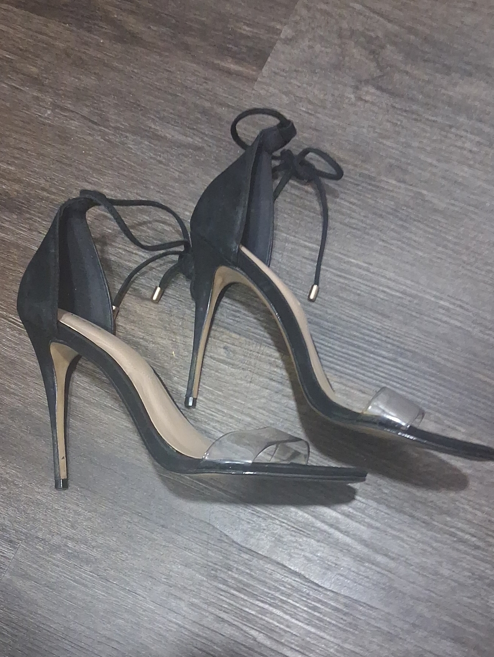Aldo Black Suede Stiletto Heels with Clear Toe Strap